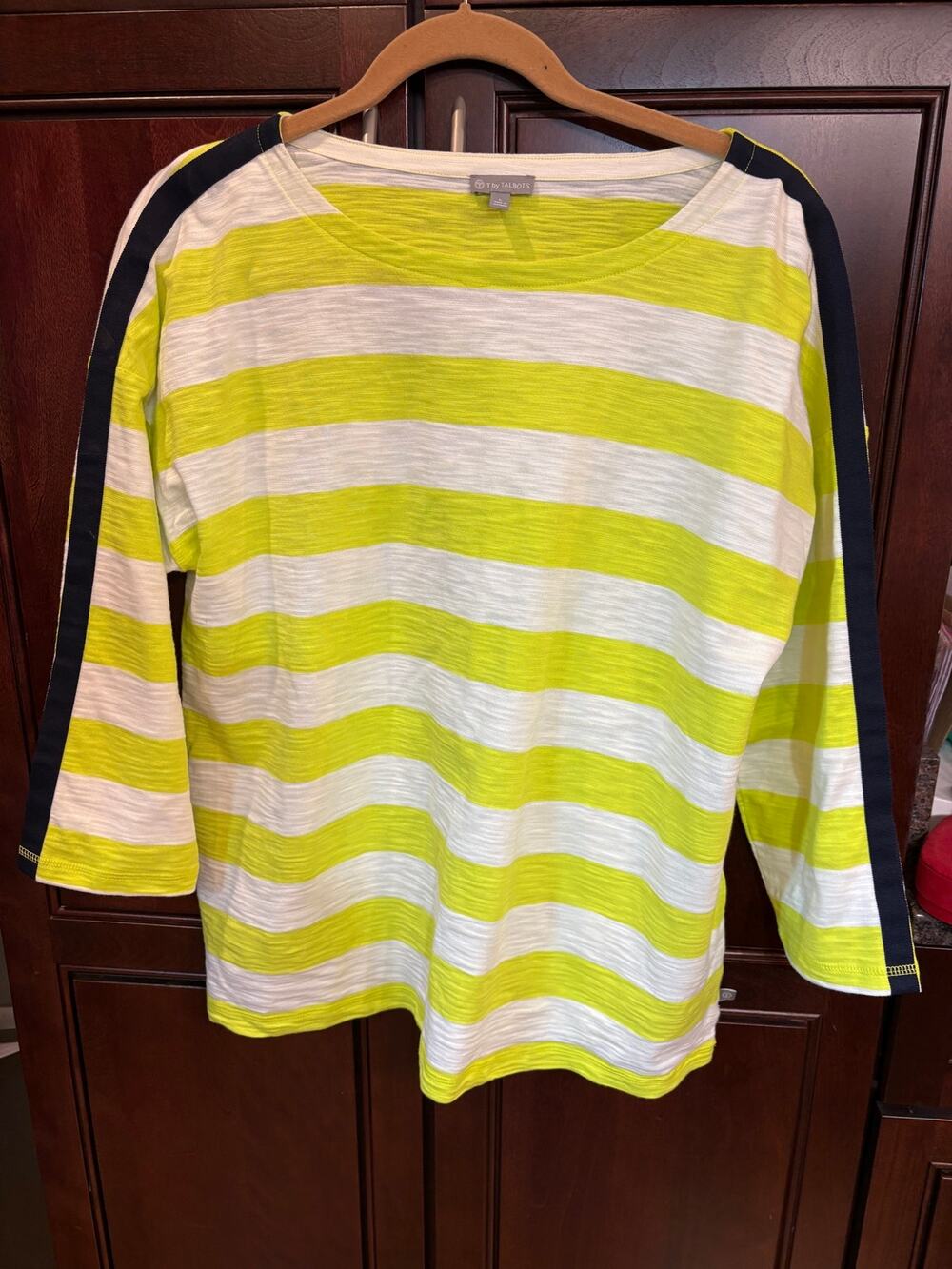 T by Talbots Boatneck Green and White Striped Cotton Top Size L
